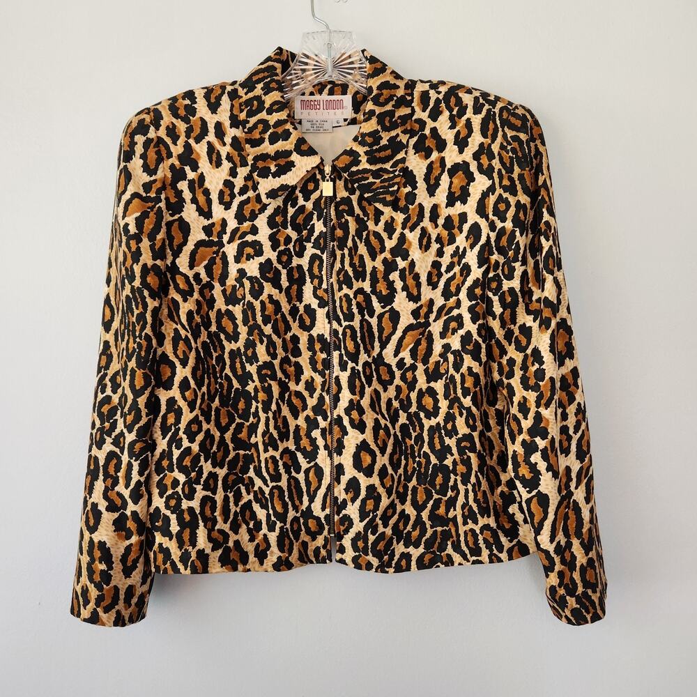 Maggy London Petites Silk Jacket Women 6 Beige Black Leopard Retro 90's Inspired